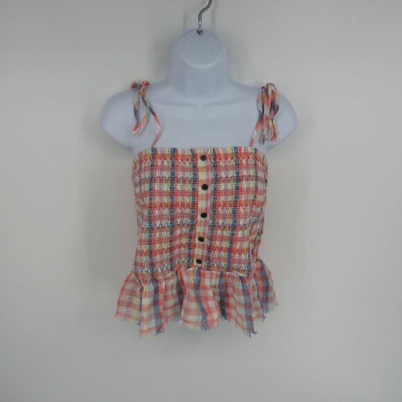 True Craft Women's Smocked Peplum Tank Top Plaid Ruffle Hem XL NWT $40 - Picture 1 of 5